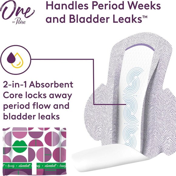 NEW- One by Poise Feminine Pads with Wings (2-in-1 Period & Bladder Leakage Pad - Picture 2 of 3